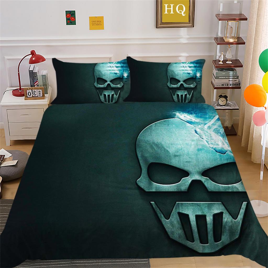 3D Horror Patterned Printed Bedding Set with Skull Head Pattern Down Duvet and Pillowcase 2/3 Pieces Halloween Festive Atmosphere Home Decoration