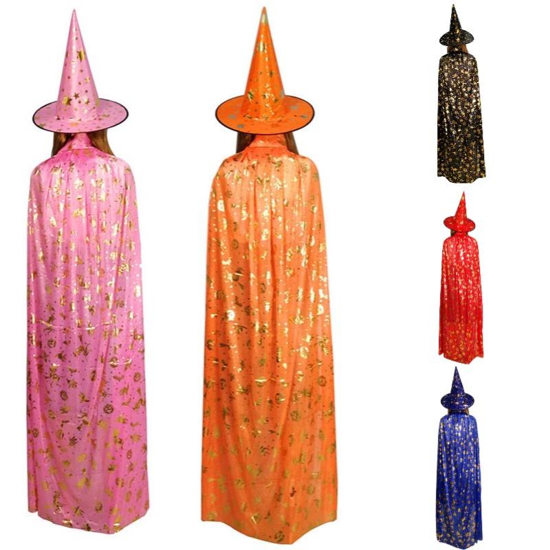 Премиум Хэллоуинский плащ с пришитым краем, костюм для взрослых и детей, плащ ведьмы для косплея, черный