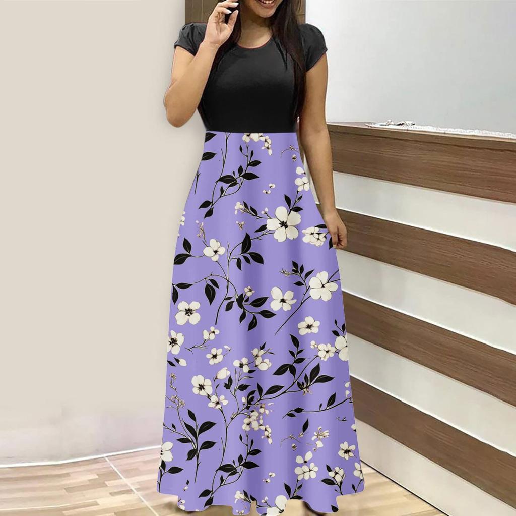 Женская мода повседневные свободные принтованные платья с круглым вырезом и коротким рукавом длинные платья с коротким рукавом длинные платья