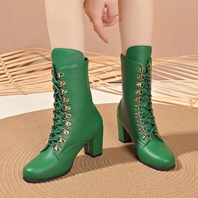 Мода 2024 года Женская обувь Женские сапоги до середины икры Большие размеры Современные сапоги Женские туфли с круглым носком Толстый каблук Шнуровка спереди Римская женская обувь
