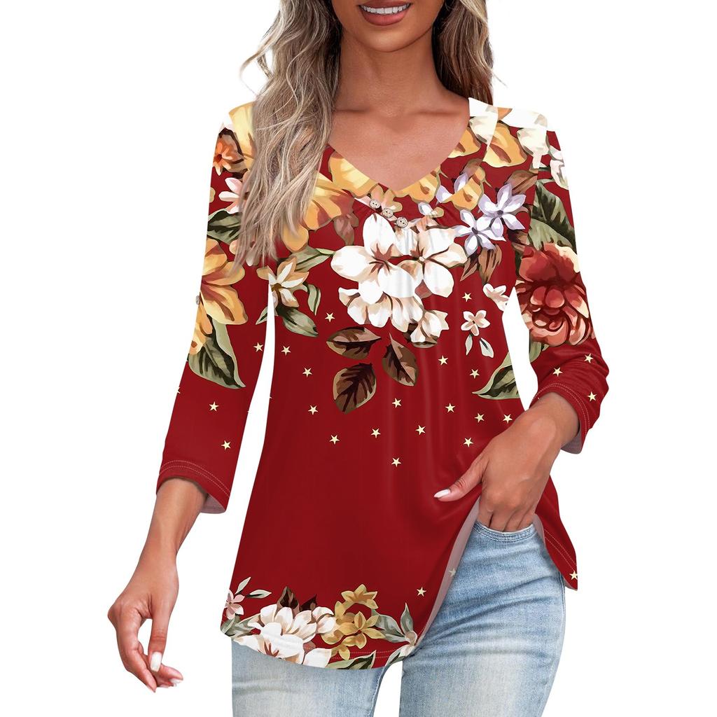 Shirts For Women Trendy V Neck Button T Shirts Casual Printed Summer Tees T Shirt Blouse Three Quarter Sleeve Tops For Women