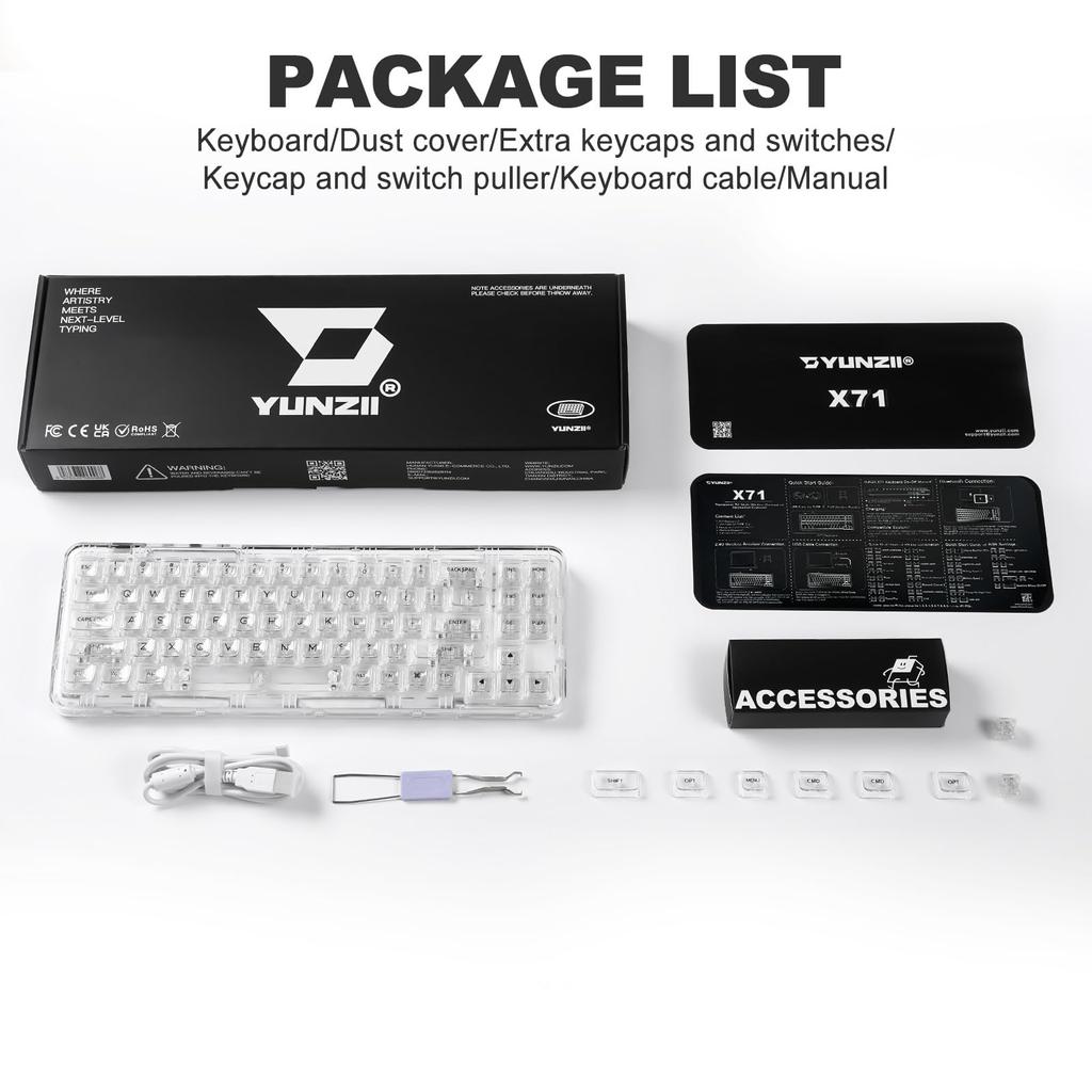 Механическая игровая клавиатура YUNZII X71 с прозрачными клавишами, раскладкой из 71 клавиши, беспроводной, с возможностью горячей замены, с прокладкой, оснащенной RGB-подсветкой для технического обслуживания