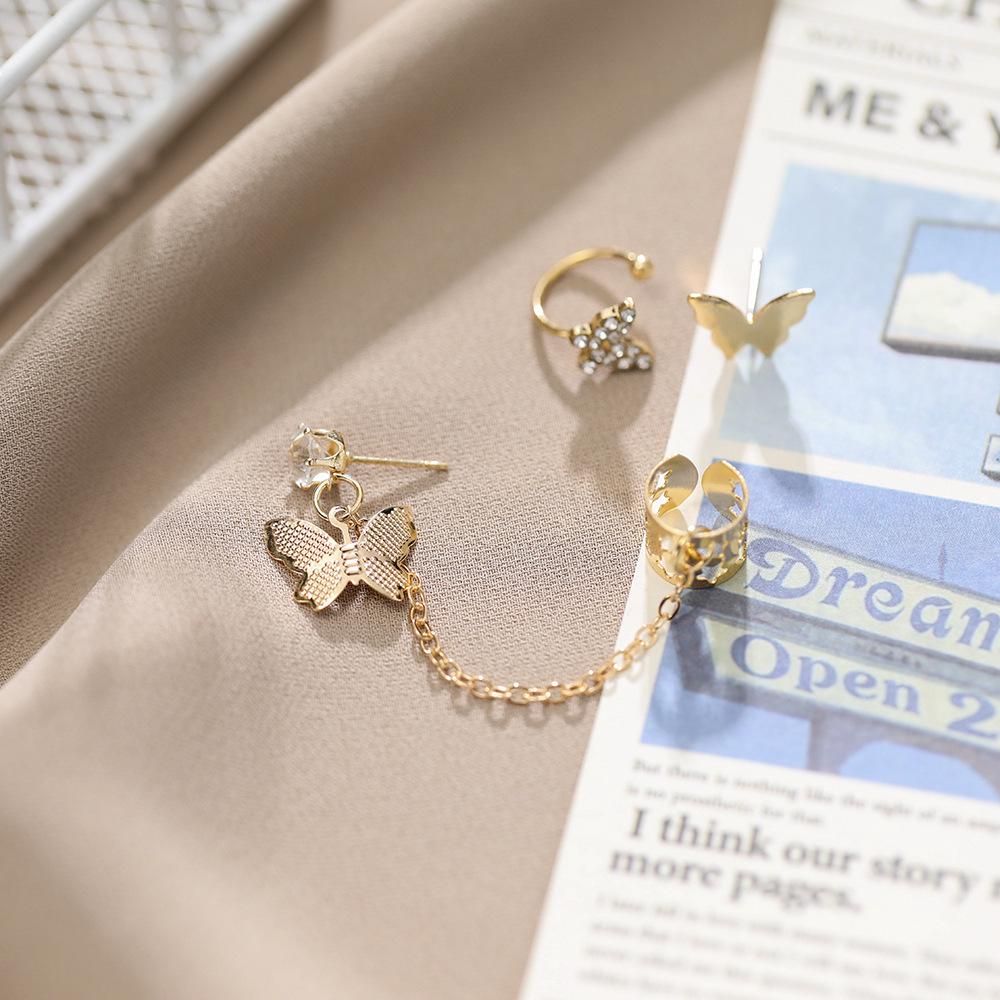 Exaggerated Rhinestone Butterfly Tassel Ear Cuff Set - Non-Pierced U-Shaped Alloy Stud Earrings