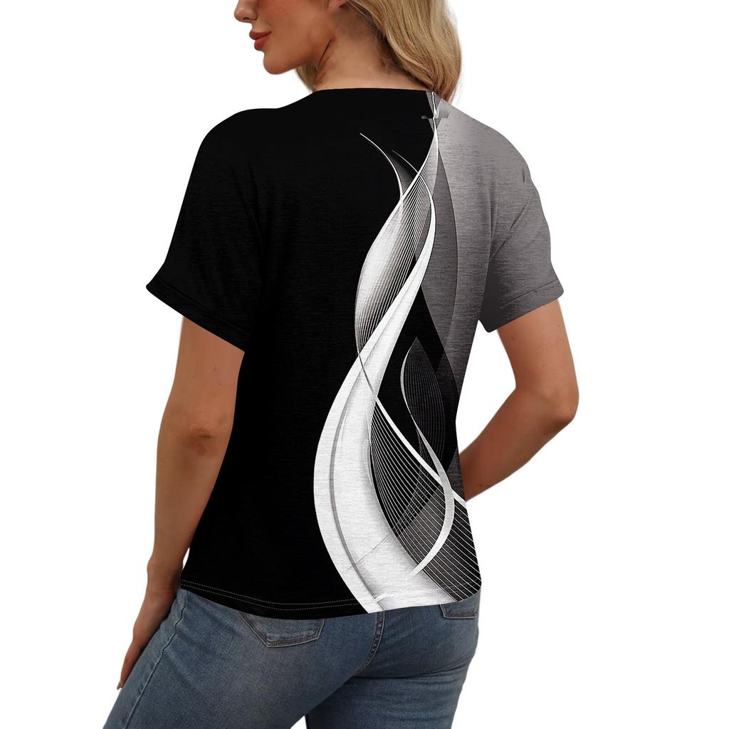 Женская модная футболка с короткими рукавами и V-образным вырезом, цветным принтом в стиле пэчворк, на пуговицах