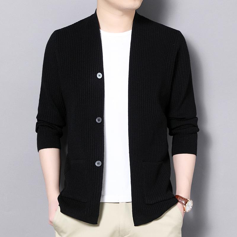 Sweater Men's Cardigan Trendy Slim Fit Solid Color Knitted Jacket Men's New Pocket Casual Handsome Thread Coat Outer Wear