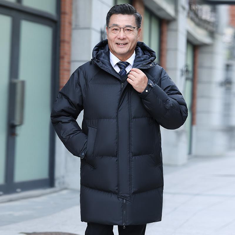 Новая белая утиная пуховая куртка для мужчин среднего и пожилого возраста с капюшоном, средняя и длинная