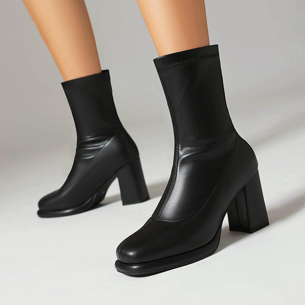 Krazing Pot PU Autumn Winter Shoes Super High Heels Platform Boots Square Toe Keep Warm Zipper Ankle Boots