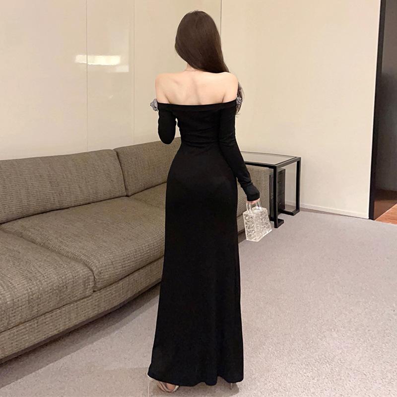 Французское сексуальное облегающее платье с трехмерным цветком и разрезами по низу