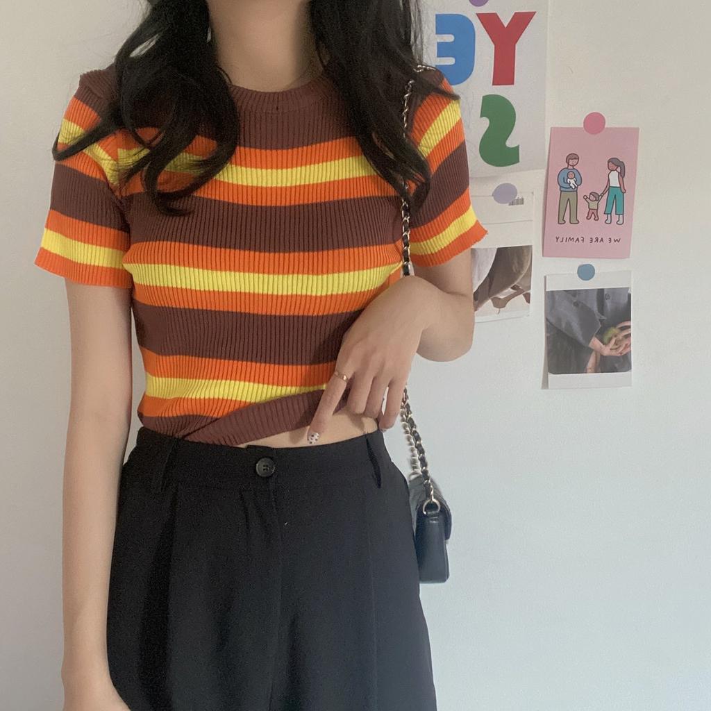 Модная полосатая футболка с короткими рукавами, женская весенне-летняя кофта с круглым вырезом, тонкая трикотажная рубашка с цветными блоками, топы, повседневные облегающие кофты, футболки