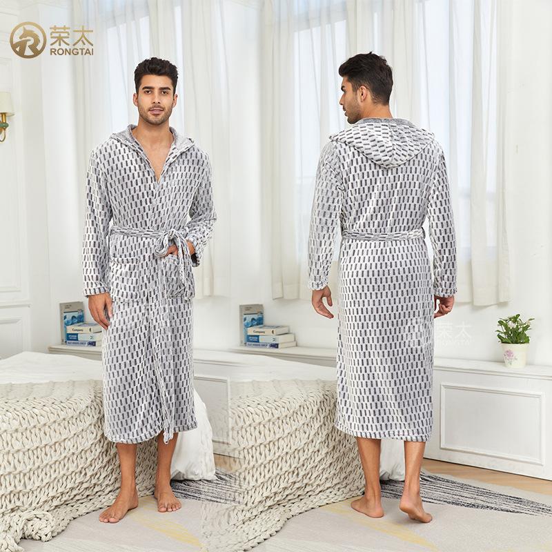 Hooded Robes for Men Full Length Spa Bathrobes Soft House Sleepwear Coat with Hood and Pockets Men's Winter Warm Plush Fleece Robe Hooded Fluffy Robes