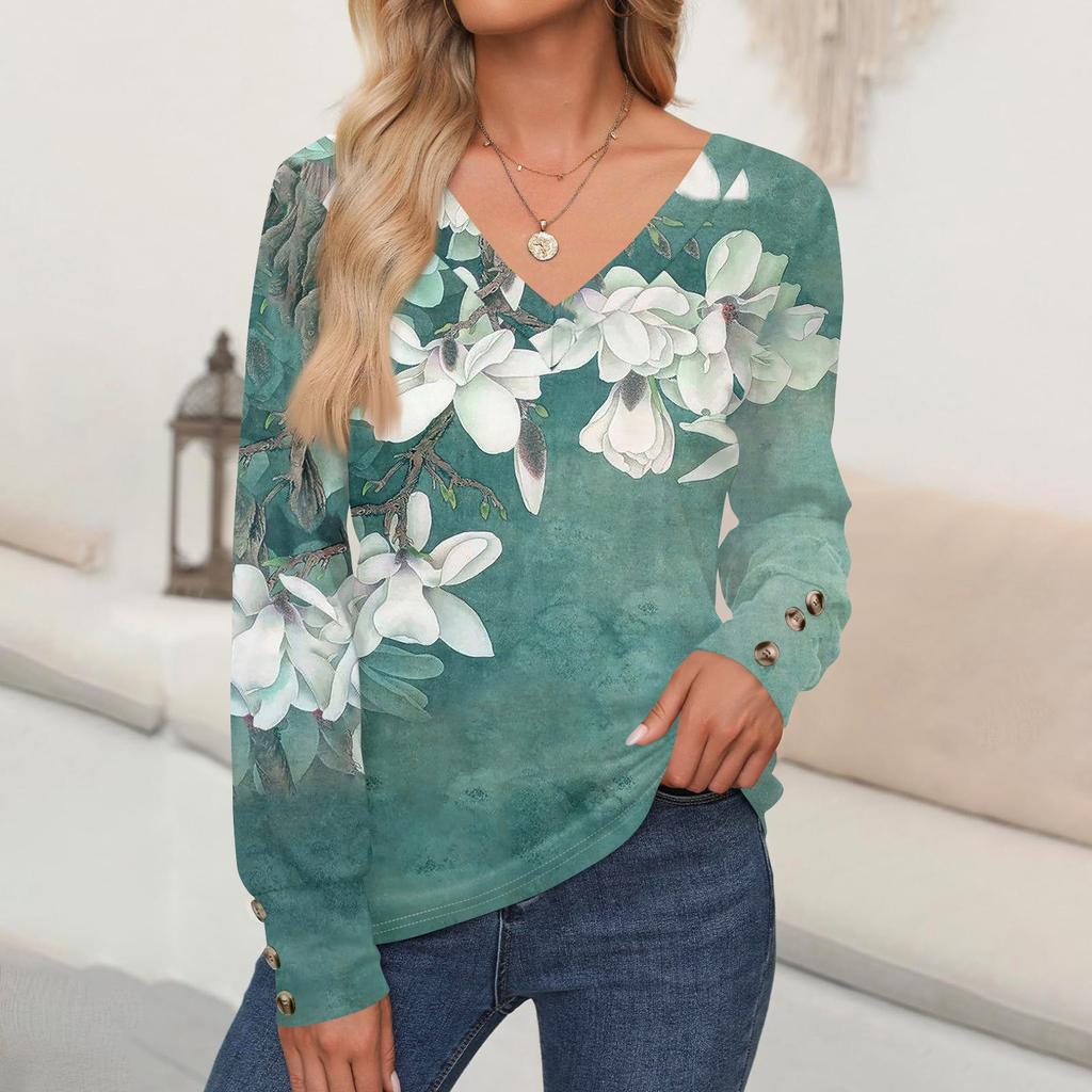 Women's Tops Floral Print Long Sleeve Shirt V Neck Casual Loose Tee Autumn Clothing