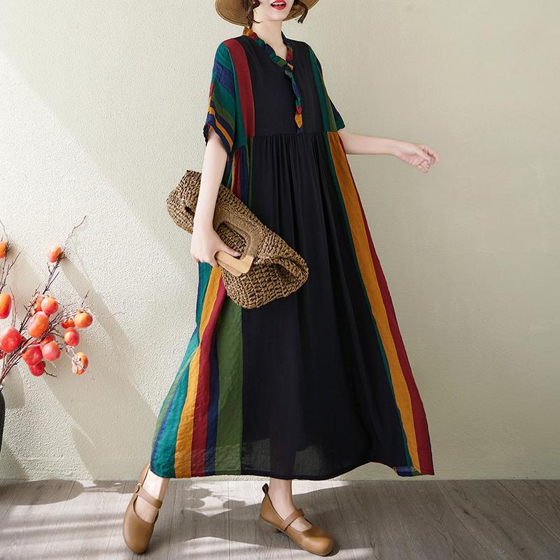 DIMANAF 2025 Летнее платье больших размеров для женщин Повседневное длинное винтажное льняное платье Свободное базовое платье с коротким рукавом