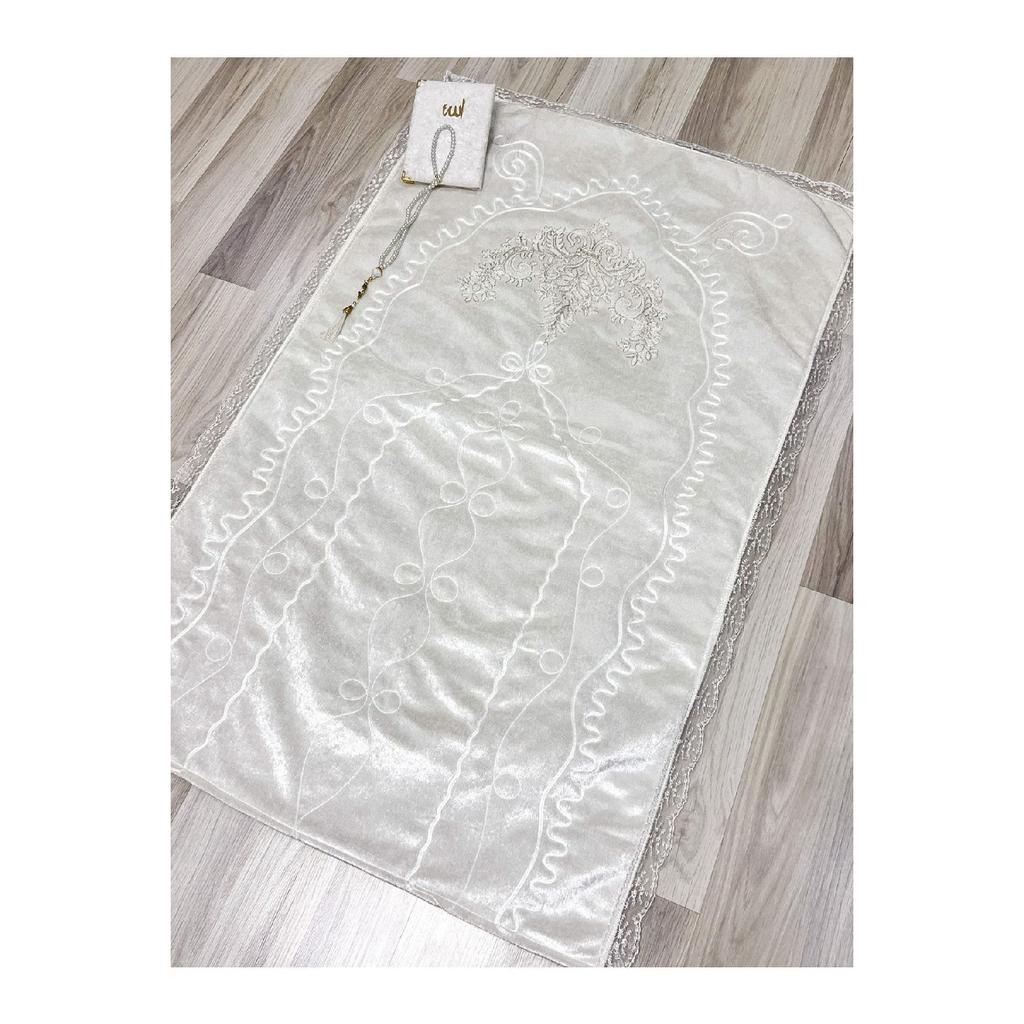 French Laced 3 Piece Embroidered Velvet Dowry Bridal Set Prayer Rug
