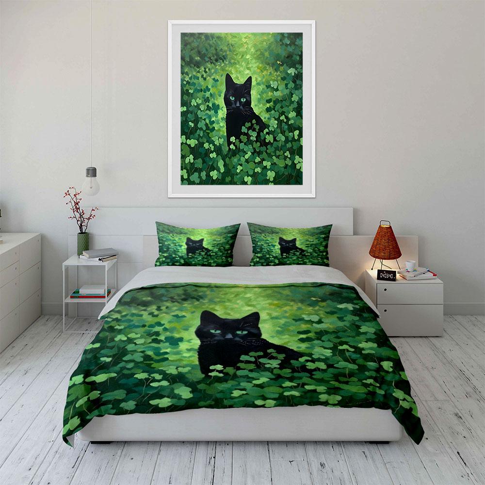 Black Cat in Clover Field Bedding Duvet Cover Set  (1*Duvet Cover 2*Pillowcases, without duvet insert)