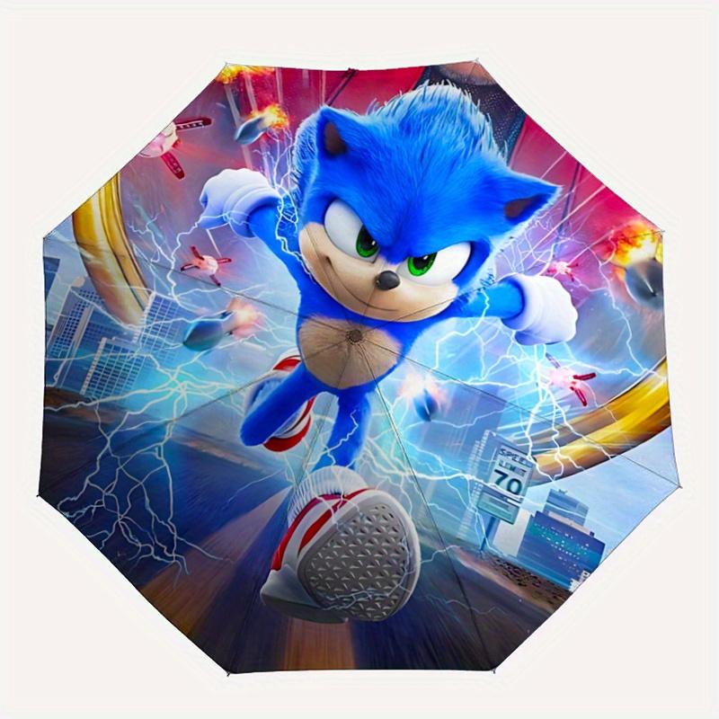 1pc Sonic the Hedgehog Automatic Folding Umbrella - Portable 3-Fold Design with 8-Bone Iron Frame, Outdoor, for Fans, Travelers, Daily Use, Gift