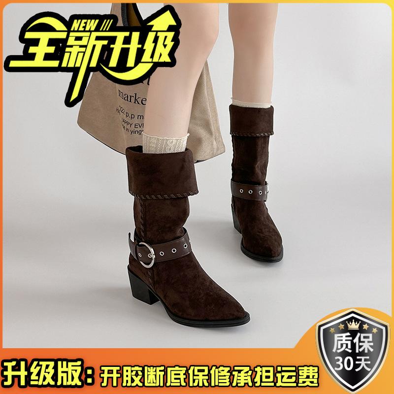 Винтажные ковбойские сапоги на толстом каблуке, осенние женские зимние модные нишевые замшевые ботильоны с острым носком, с широким голенищем, средней высоты