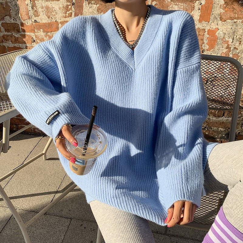 Свободный однотонный цветной лейбл в длинной секции свитер осень и зима V-образный вырез толстый иглой длинный рукав трикотажный свитер для женщин