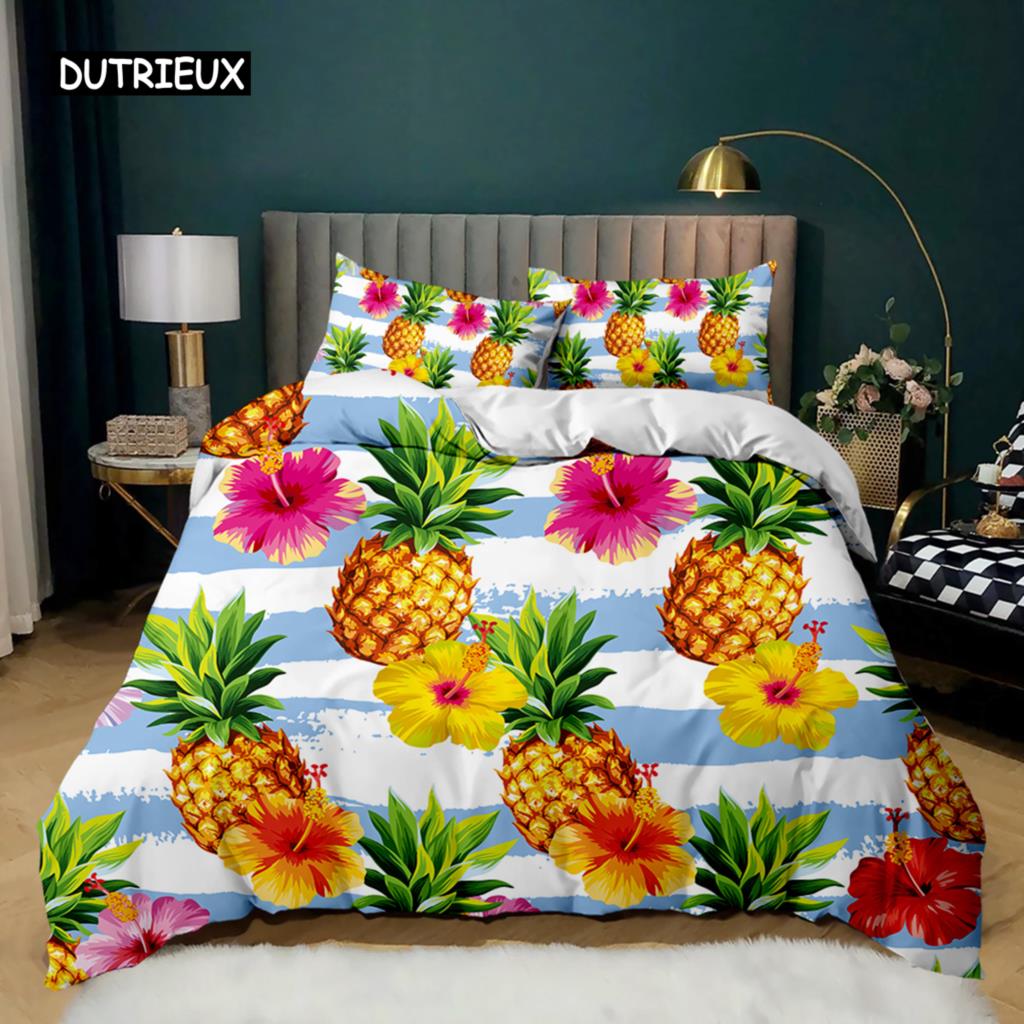 Pineapple Duvet Cover Set White Twin Bedding Set Teen Adults Yellow Abstract Tropical Fruits Pineapple Polyester Comforter Cover