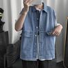Men Summer Denim Vest Coat Lapel Sleeveless Solid Color Denim Waistcoat Single Breasted Large Pockets Design Washed Cargo Waistcoat