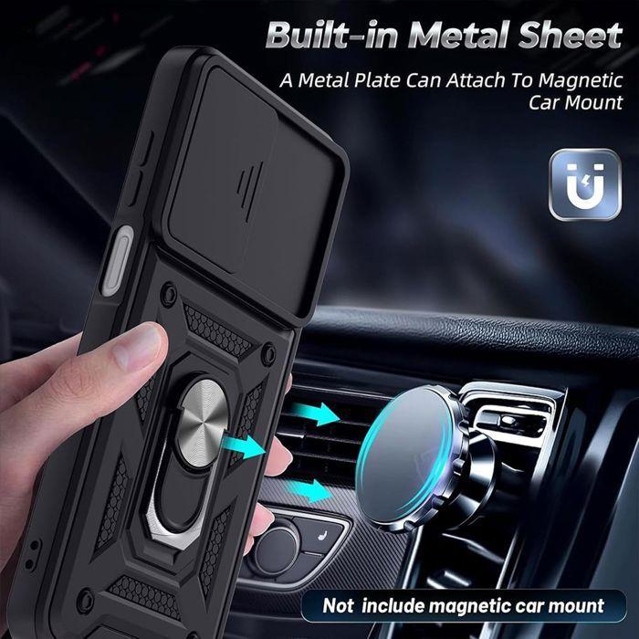 Coque pour Samsung Galaxy S24 - BOOLING - Protection avec Anneau et Cache Caméra Coulissant - Noir - 2 Verres Trempés