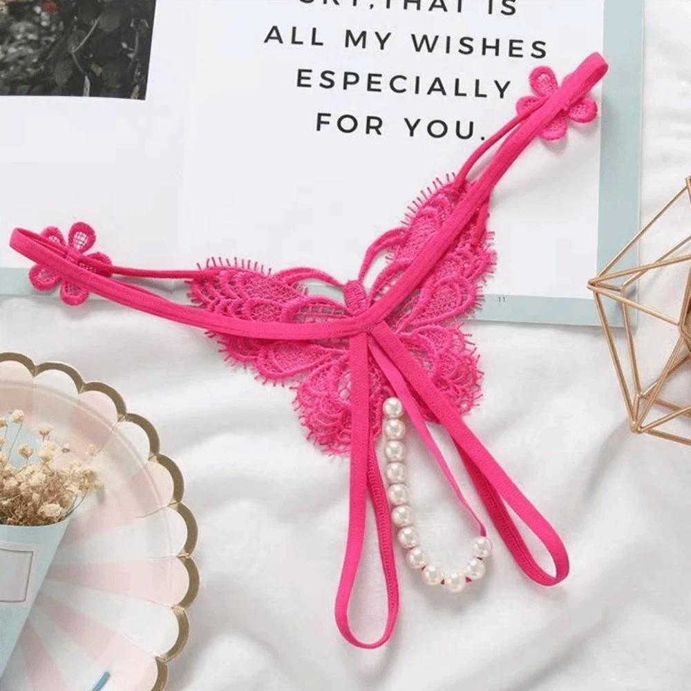 Hollow Open Crotch Underwear for Women Low Waist Thin Belt Thong Lace Pearl Panties  Women