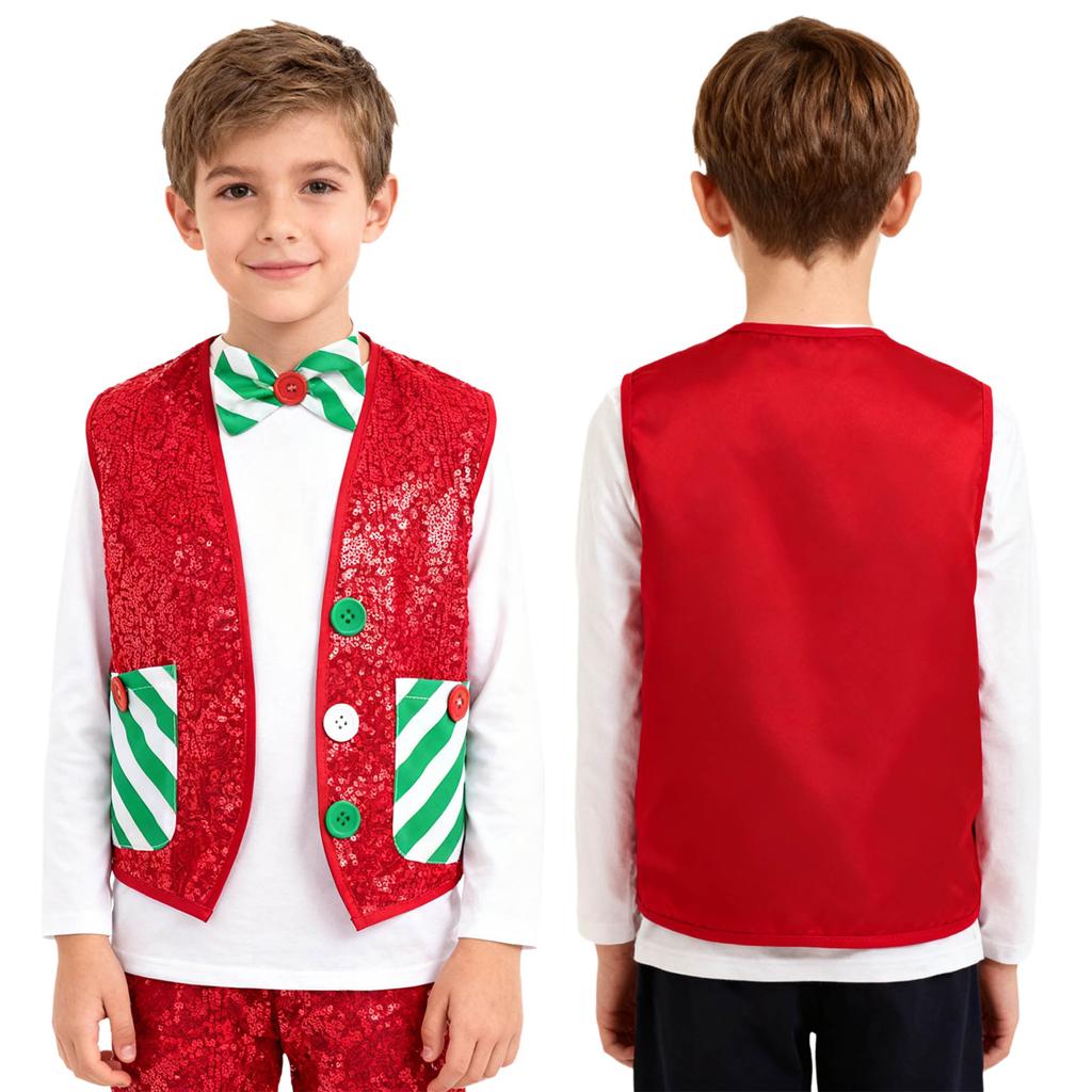 Kids Christmas Costume Sparkly Sequins Vest with Bow Tie for Latin Jazz Disco Party