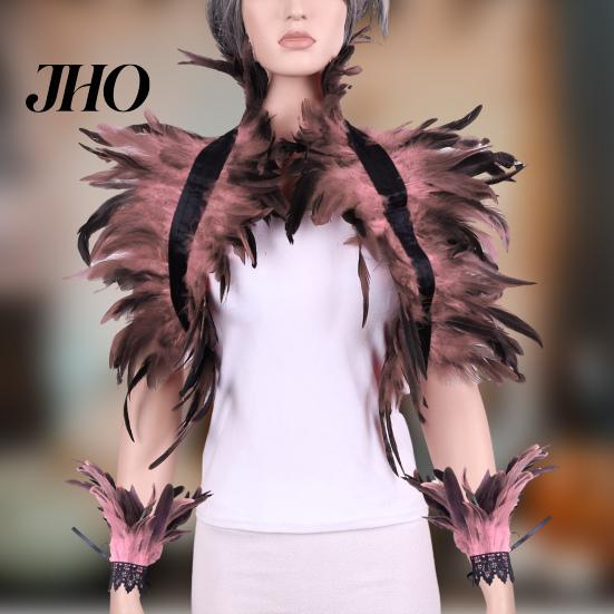 Feather Shawl 1 Set Fake Collar with Wrist Ring Gothic Style Imitation Adjustable Velvet Strap Hollow Out Lace Unisex Model Stage Show Performance