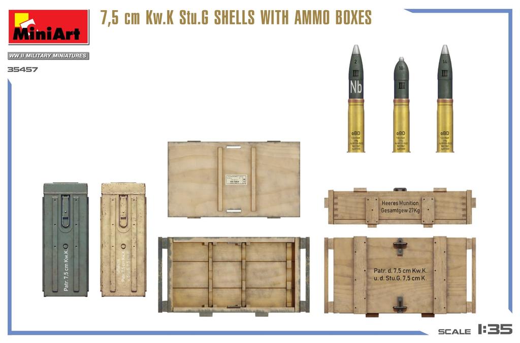 Miniart 1/35 German 7.5 Cm Kw.K Stug III Artillery Shell w/Ammunition Box Plastic Model MA35457