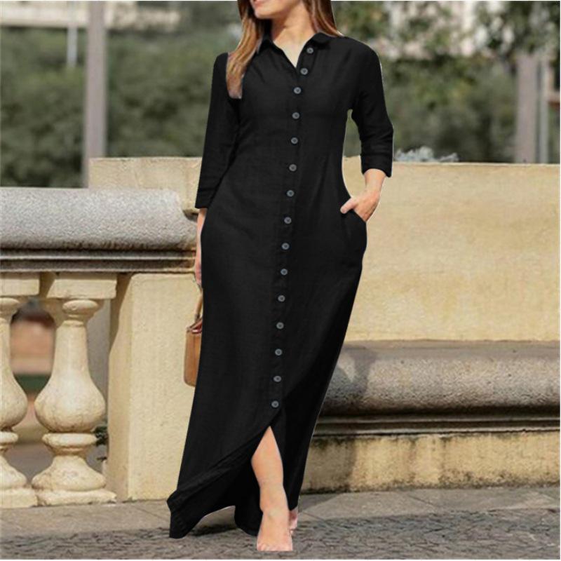 Elegant Women's Long Sleeve Cotton Linen Cardigan Dress - 2023 European/American Neutral Style with Turn-Down Collar