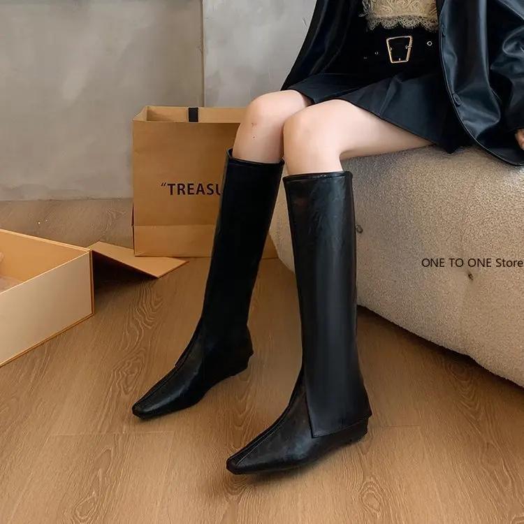 Остроносые туфли на плоской подошве, женские высокие сапоги, дизайнерская мода, повседневная прогулочная кожаная обувь, 2024, новый тренд, зимнее платье, челси, Botas Mujer