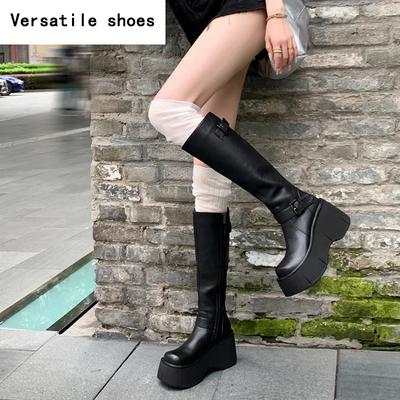 Массивные женские сапоги до колена, модные ботильоны на платформе, танкетке, длинные ботинки, осенне-зимняя женская обувь