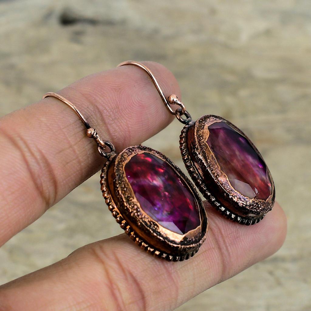 Граненые серьги с аммолитом, медные серьги, полученные электроформованием, ювелирные изделия с драгоценными камнями, изящные серьги, серьги ручной работы, ювелирные изделия, изготовленные методом гальванопластики, подарки для нее