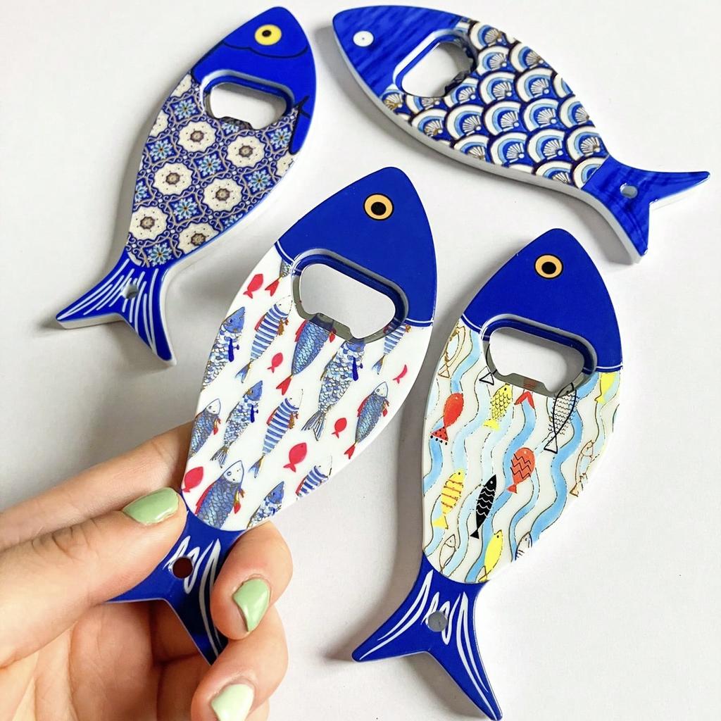 Retro Color Creative Fish Bottle Opener Bronzing Embossed Refrigerator Sticker Bottle Opener
