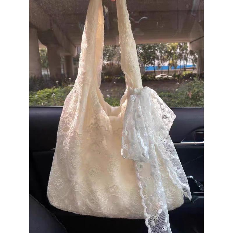 Small Fresh Commuting Lazy Wind Underarm Bag Trendy Lace Cloth Bag Women's Large Capacity Flower Shoulder Tote Bag