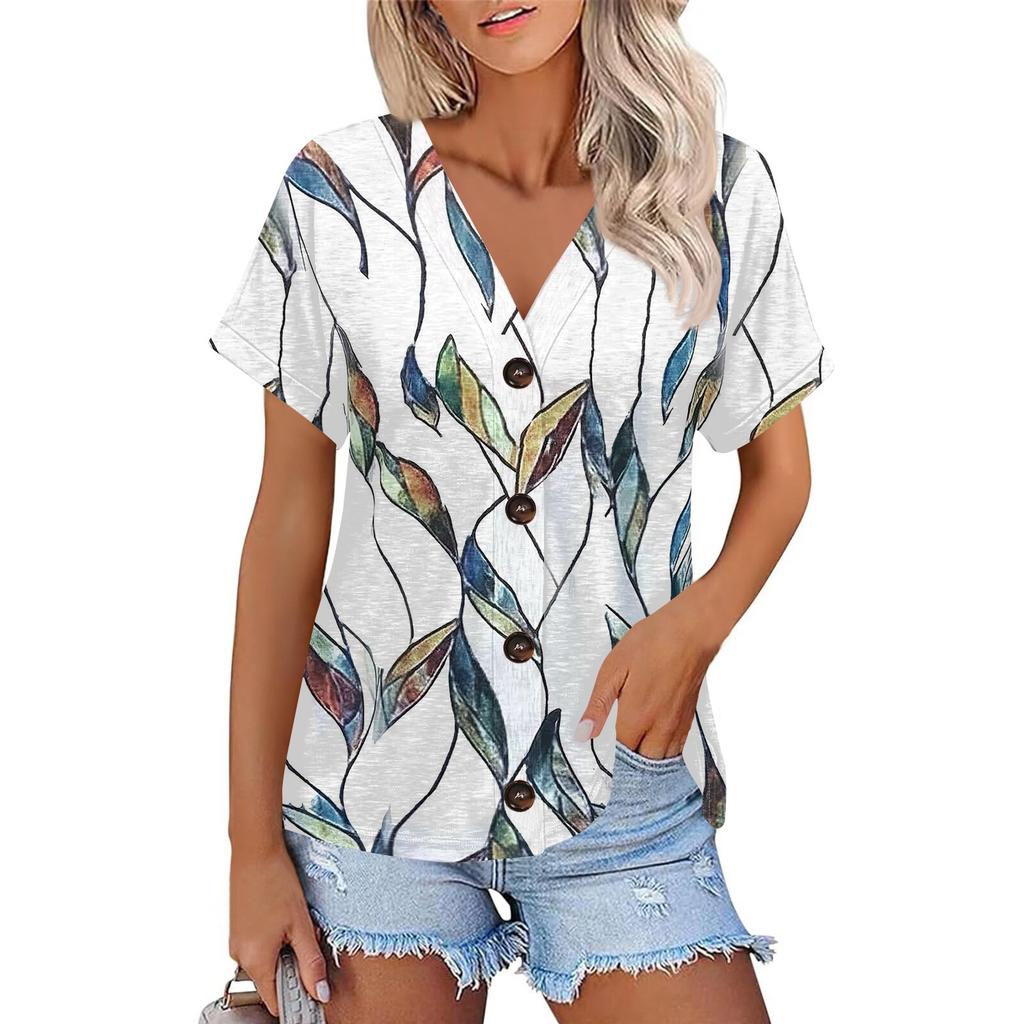 Женская модная повседневная футболка с короткими рукавами и V-образным вырезом, цветочным принтом и застежкой на пуговицы