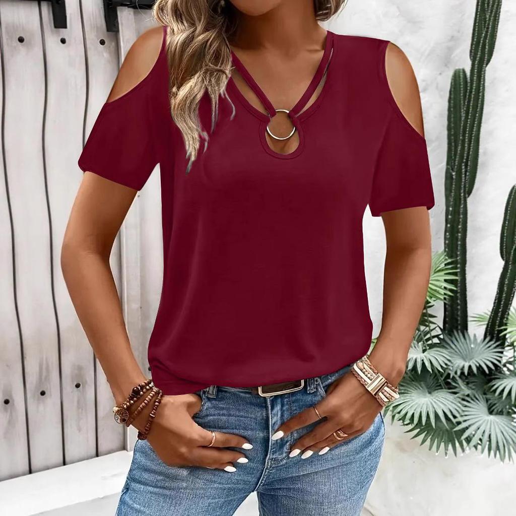 2025 Women's Solid Color V-Neck Off-Shoulder Short Sleeve Loose T-Shirt