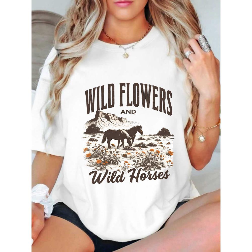 Two horse print plus size women's round neck summer casual short sleeved street fashion versatile T-shirt