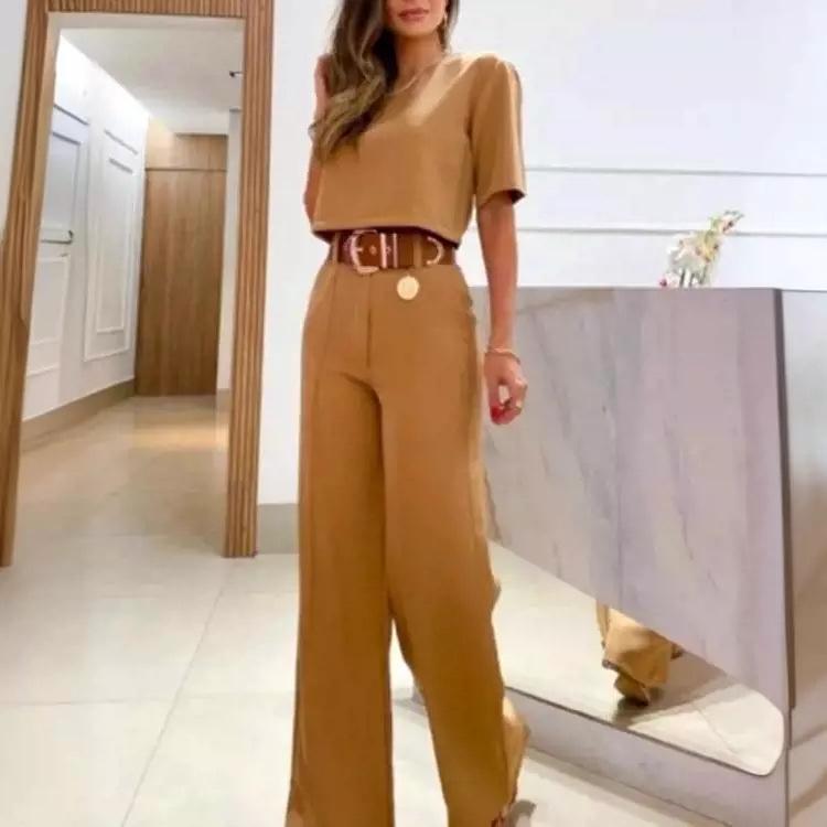 Европейский и американский женский однотонный комплект кэжуал: футболка с круглым вырезом и короткими рукавами и брюки широкого кроя