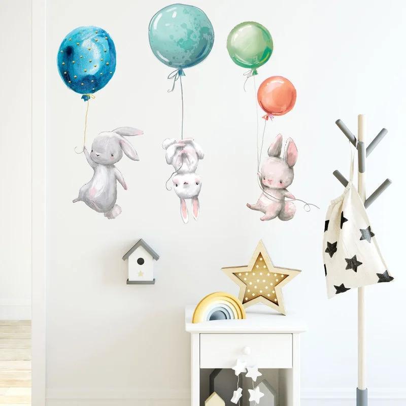 Colorful Balloon Rabbits Bedroom Wall Stickers for Kids Room Decoration Grey Bunny Wall Stickers for Children Nursery Wall Decal