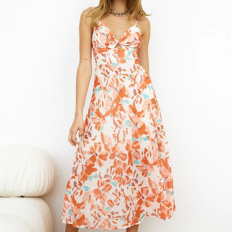 Fashion Floral Printed Ruffled Slip Ladies Dress Summer Elegant Sleeveless V-neck Long Dress Women Sexy Vestido De Mujer 25472