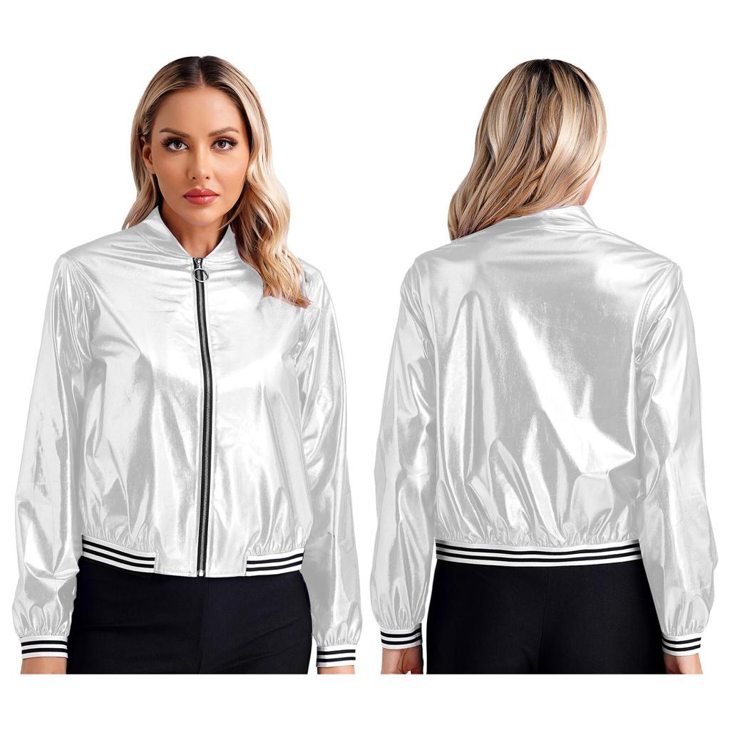 Women's Sparkly Holographic Lightweight 90S Shiny Metallic Long SleeveBomber Jacket