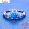 Real S925 Sterling Silver Claddagh Ring Cute Love Heart Crown Rings For Women Wedding Bands Blue White Fire Opal Ring Jewelry Cz