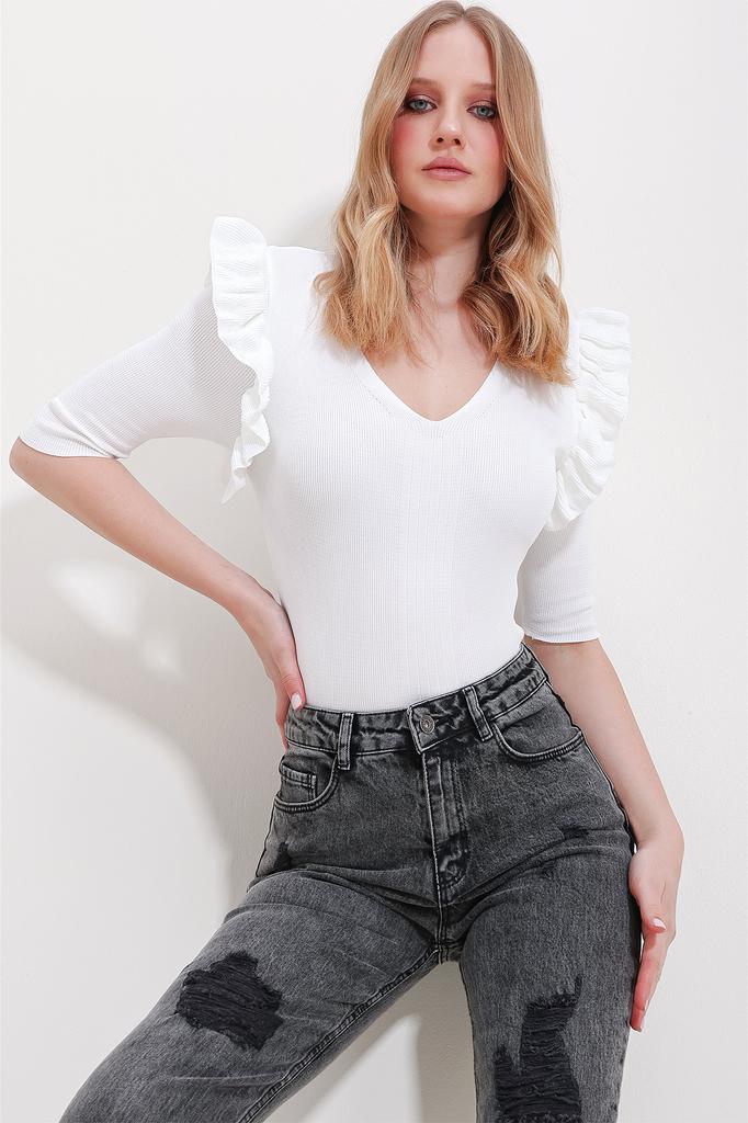 Women's Blouse New Season Fashion Black V-Neck Sleeves Ruffle Knitwear Blouse