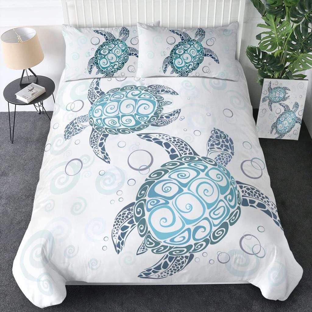 Sea Turtle Bedding Ocean Duvet Cover Set Teal Mediterranean Style Marine Theme Design Ocean Bedding Sets Queen King Twin Size