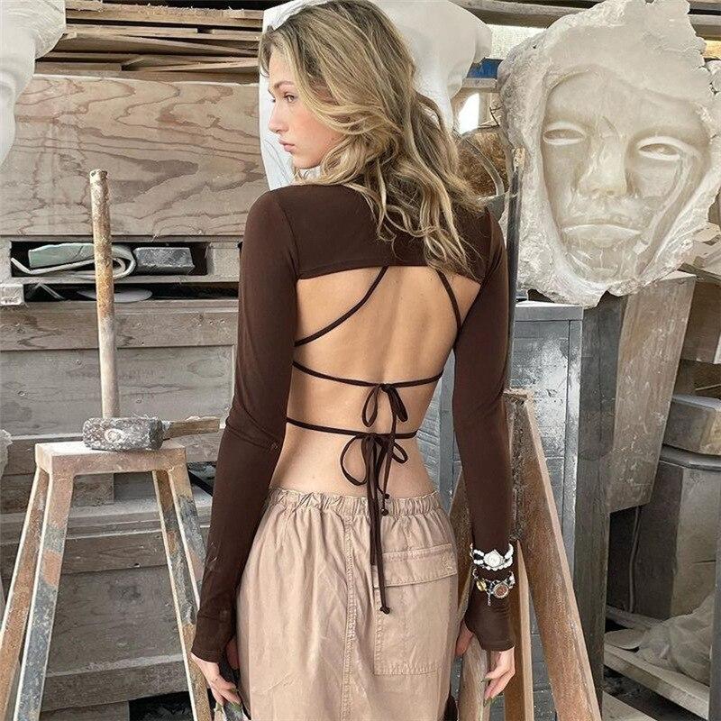 Женская футболка на шнуровке с длинным рукавом и открытой спиной Y2k, сексуальный укороченный топ, модные уличные рубашки с лямкой на шее, тонкая женская блузка 26239