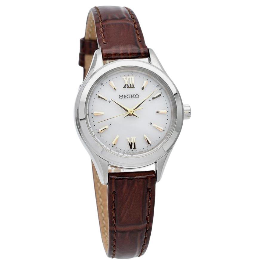 Seiko Женские часы с кварцевым механизмом на солнечной батарее, ремешок из натуральной кожи, белый циферблат SWFH115