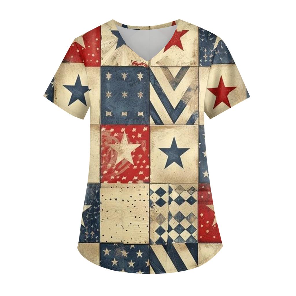 Женская модная футболка с принтом ко Дню Независимости, V-образным вырезом, карманом, короткими рукавами, униформа и топ для ухода