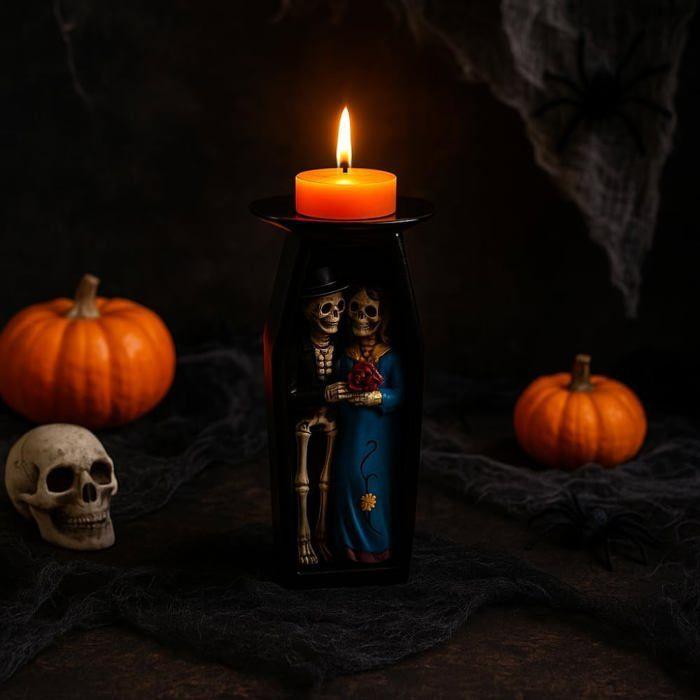 Bougeoir Halloween - SIROCO - Cercueil 18cm - 9 Bougies Parfumées - Céramique - Noir avec Squelettes