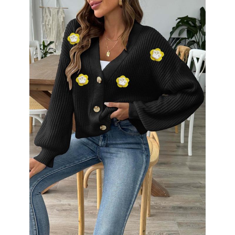 Женский осенне-зимний вязаный крючком цветочный пэчворк короткий кардиган на пуговицах свитер