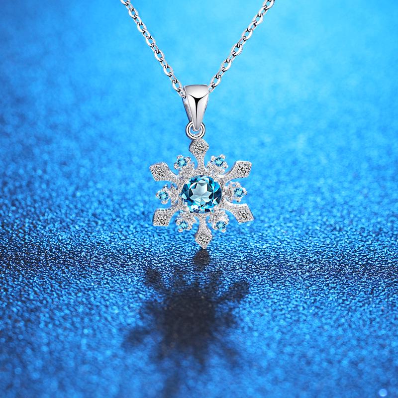 Ожерелье из стерлингового серебра 925 пробы с подвеской в виде снежинки с натуральным топазом и цепочкой из кристаллов